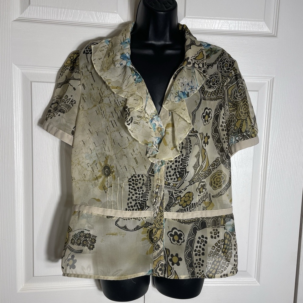 New‎ York City Design Co Shirt Women XL Beige Floral Ruffle Neckline Sheer Y2K